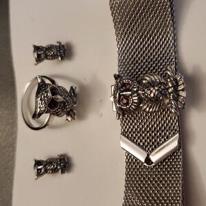 Vintage SARAH COVENTRY SIlver OWL NOCTURNE Earrings Bracelet & Ring Jewelry Set